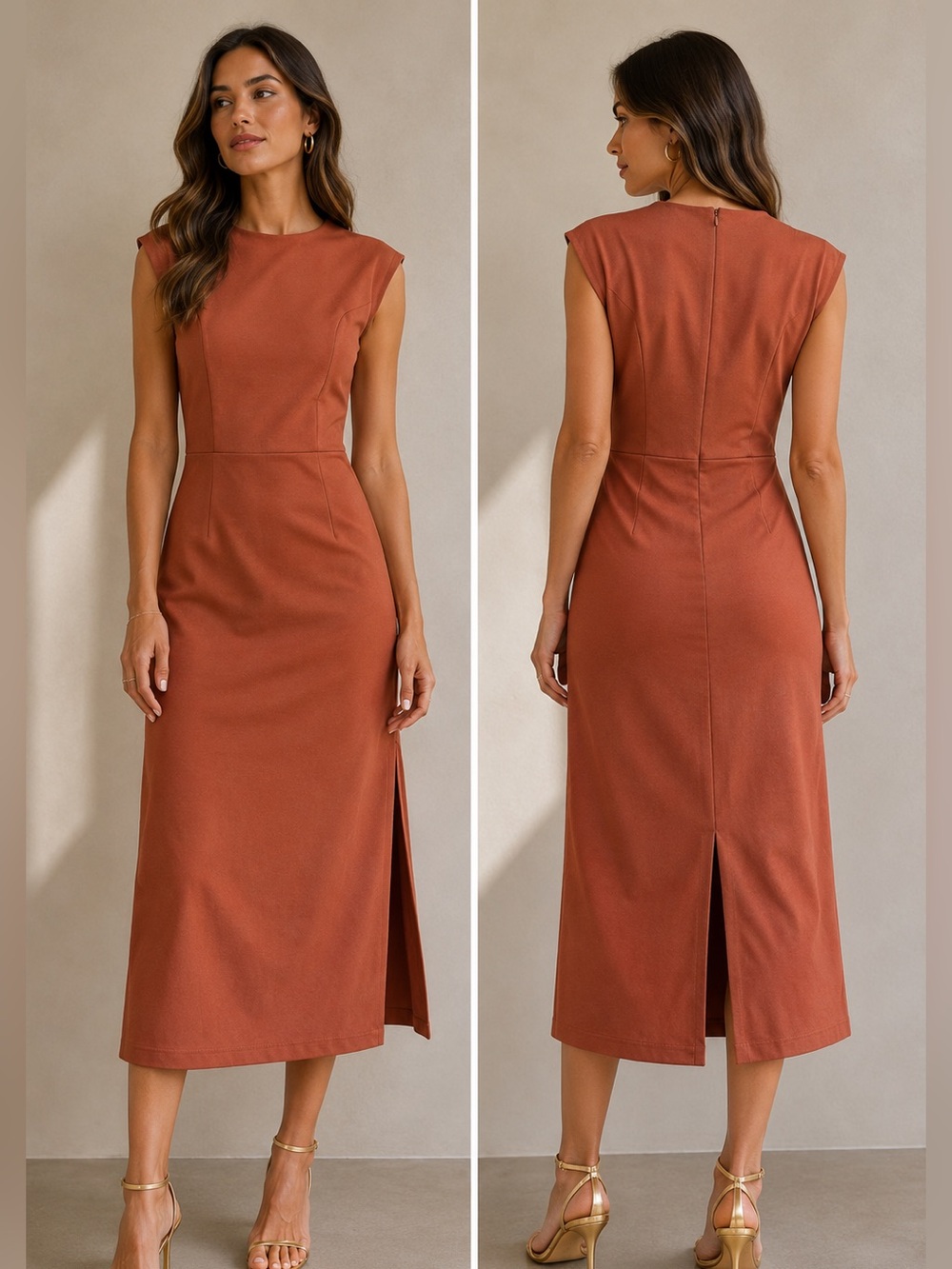 Sleeveless Rust Maxi Dress with Front Slit